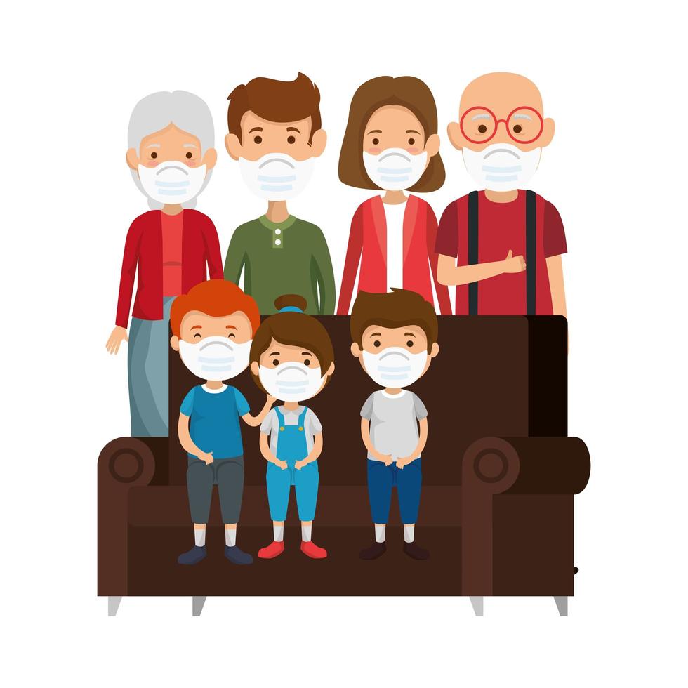 cute family using face mask with couch vector