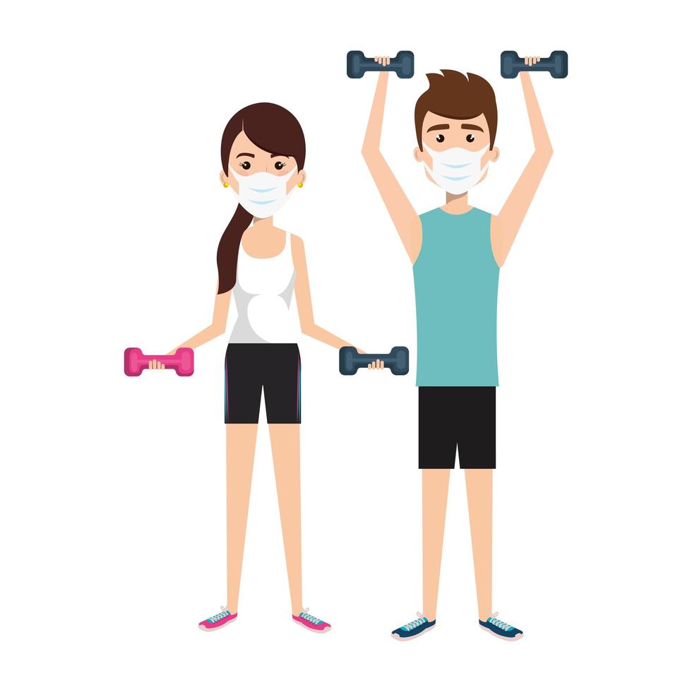 couple using face mask practicing exercise vector