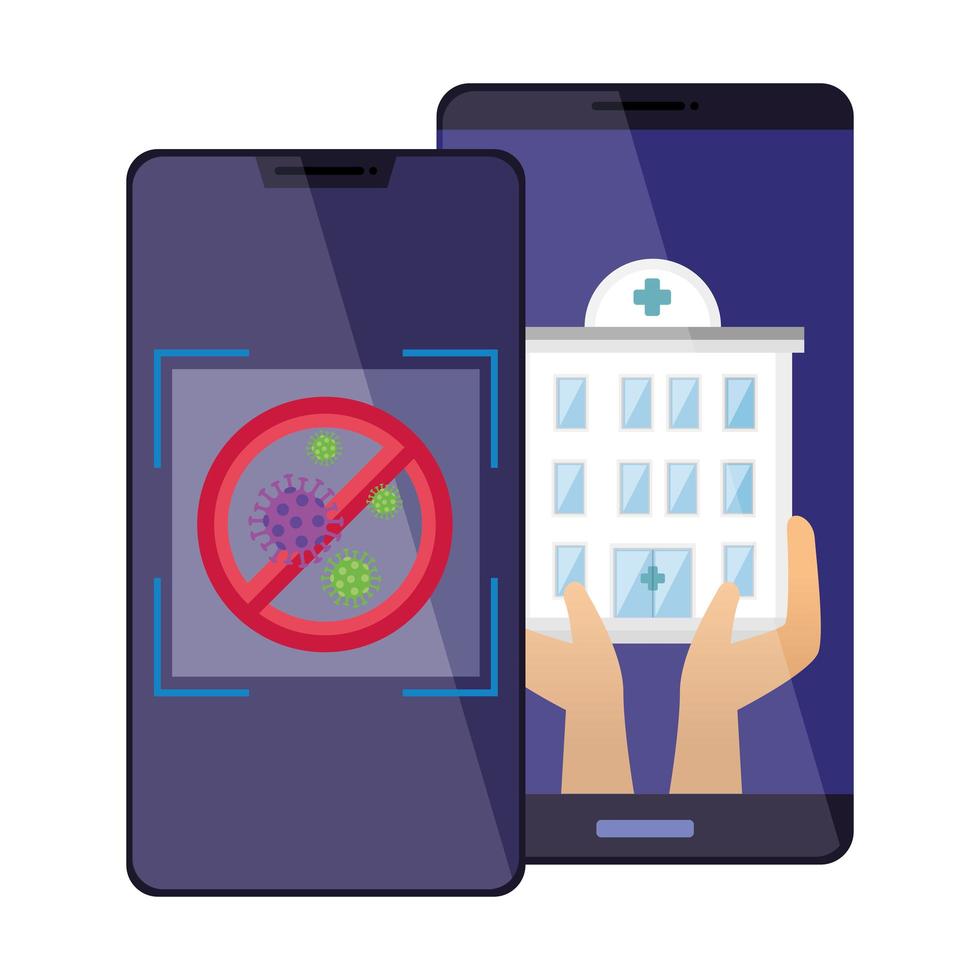 smartphones with stop covid 19 and hospital facade vector