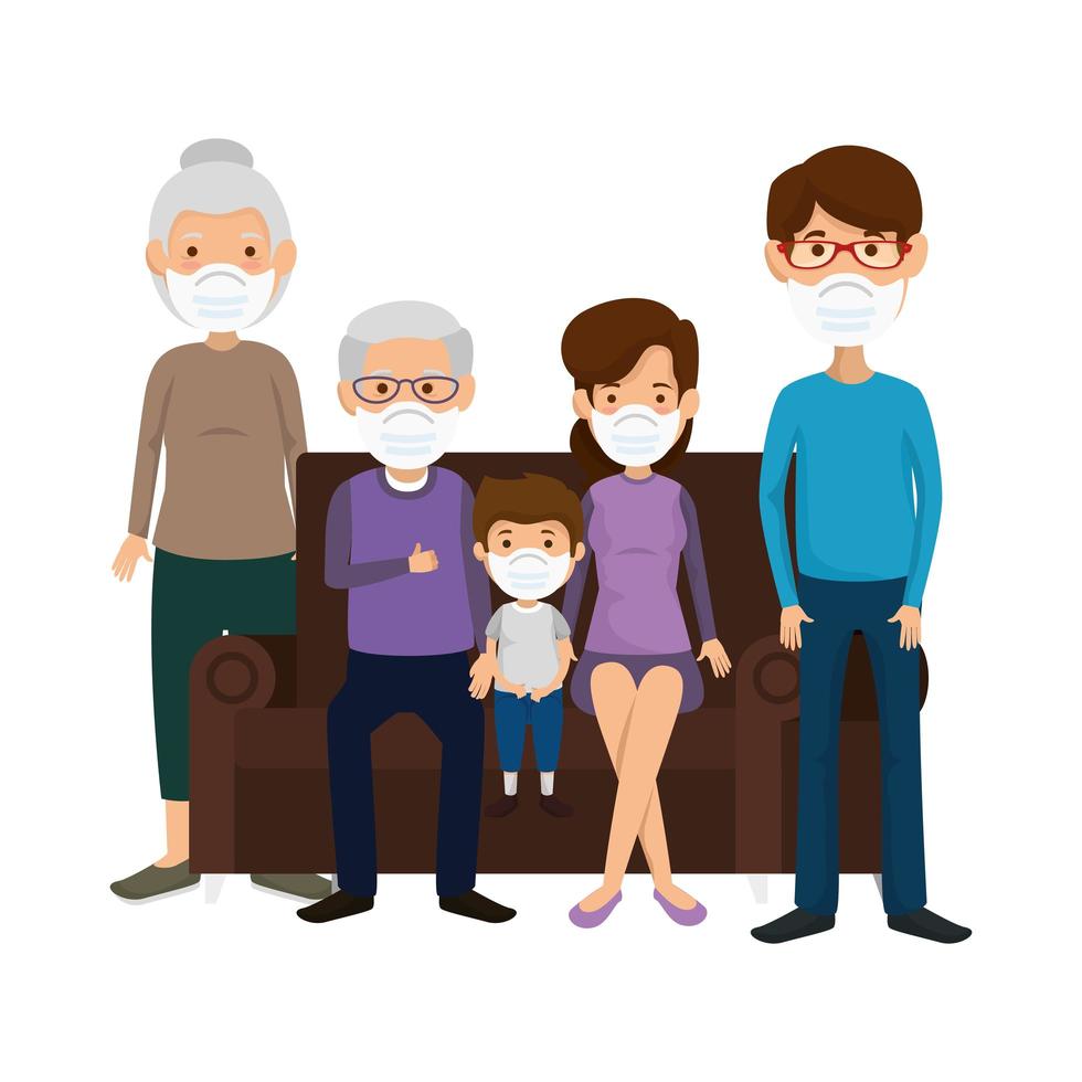 cute family using face mask watching tv vector