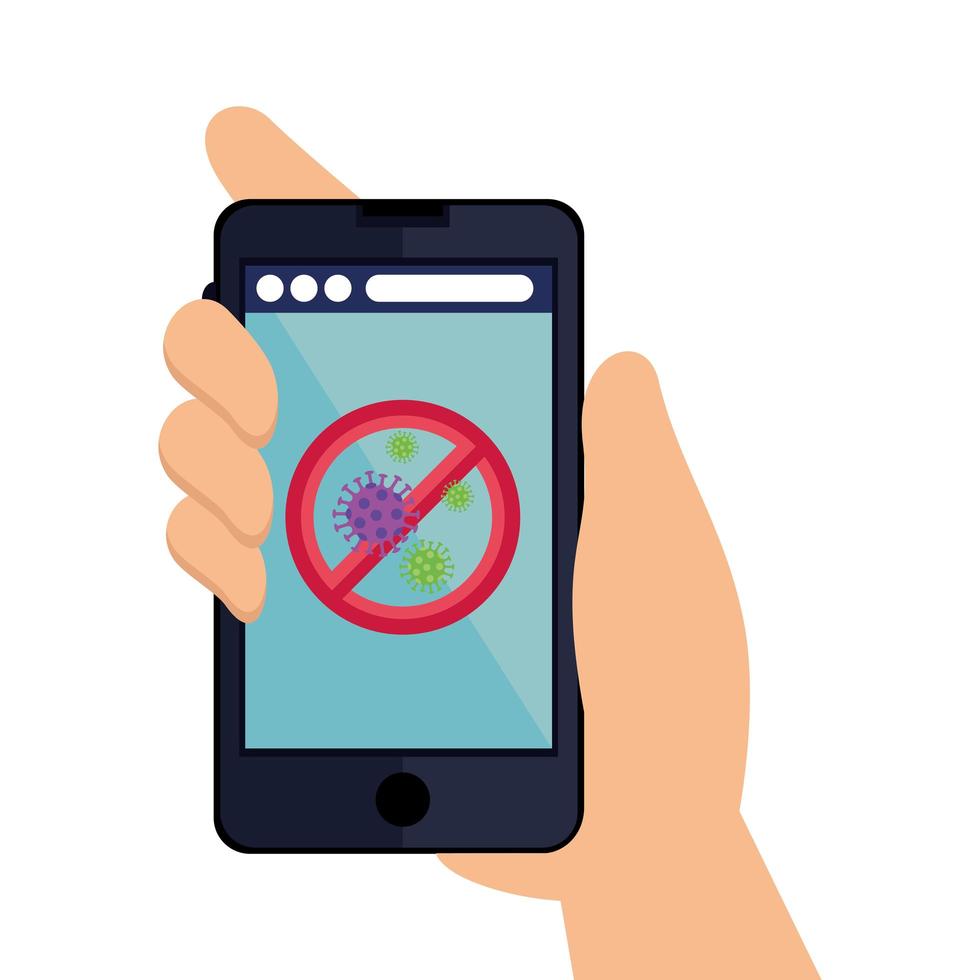 hand using campaign of stop covid 19 in smartphone vector