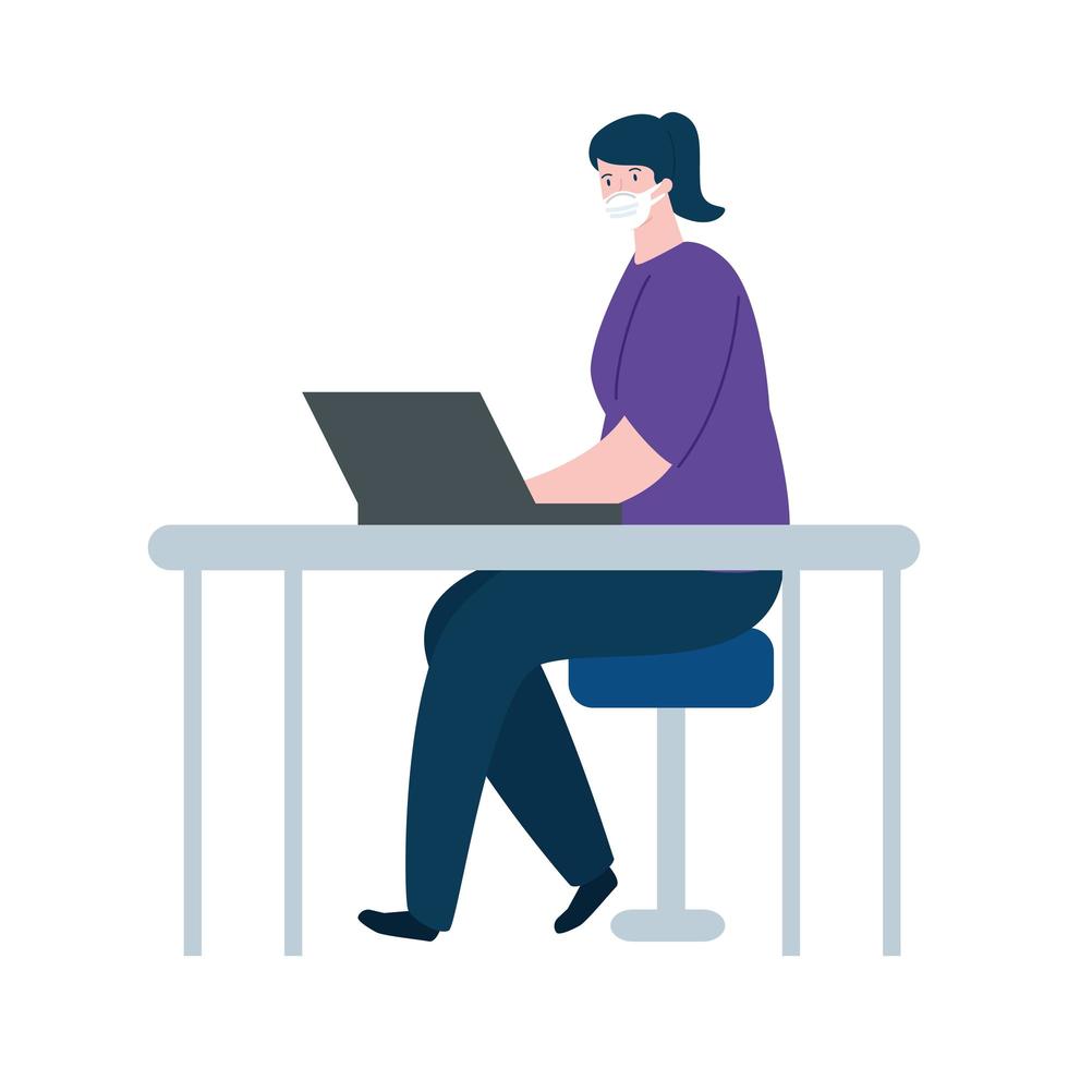 woman using face mask with laptop vector