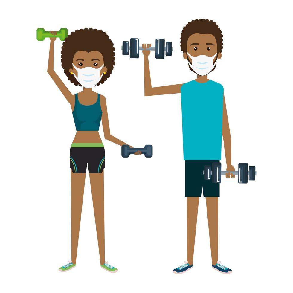 couple using face mask practicing exercise vector