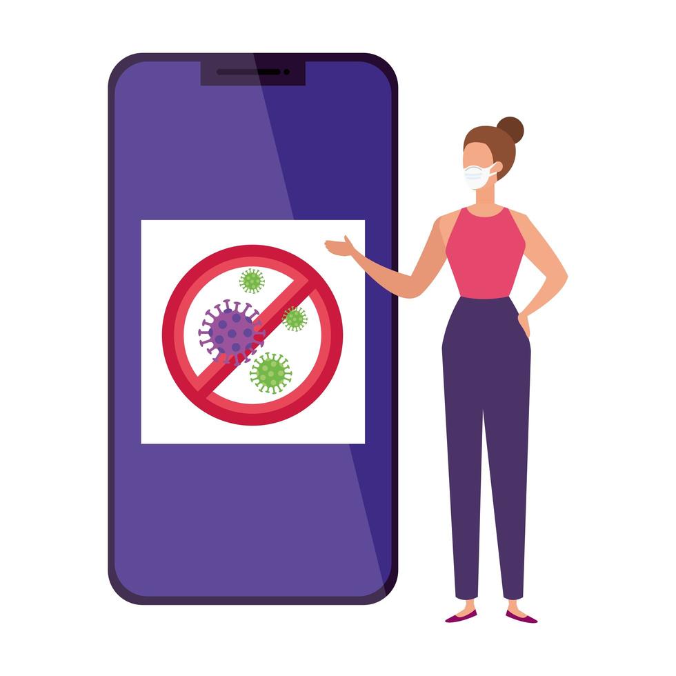 campaña de stop covid 19 en smartphone con mujer vector