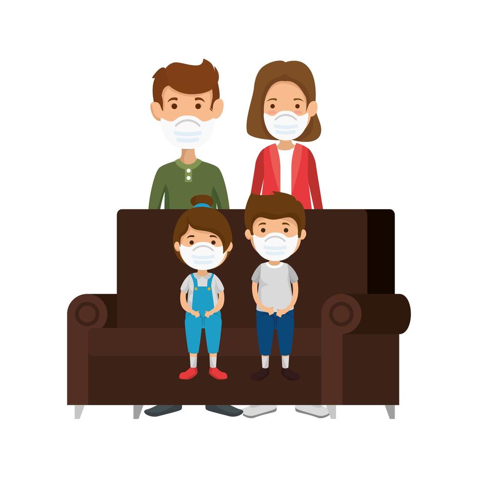 parents with children using face mask and couch vector