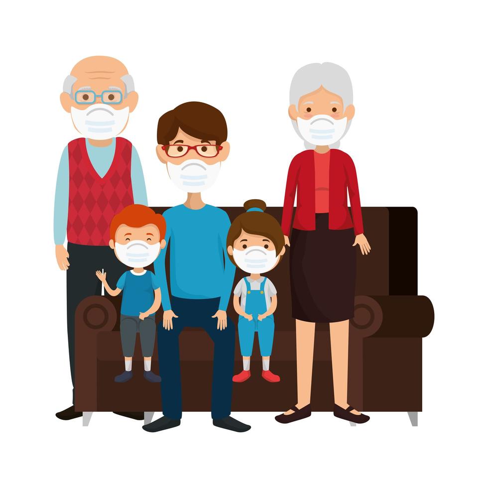cute family using face mask with couch vector