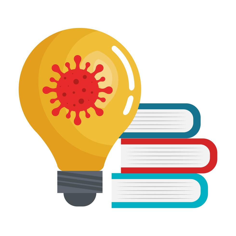 pile books and light bulb with particle covid 19 vector