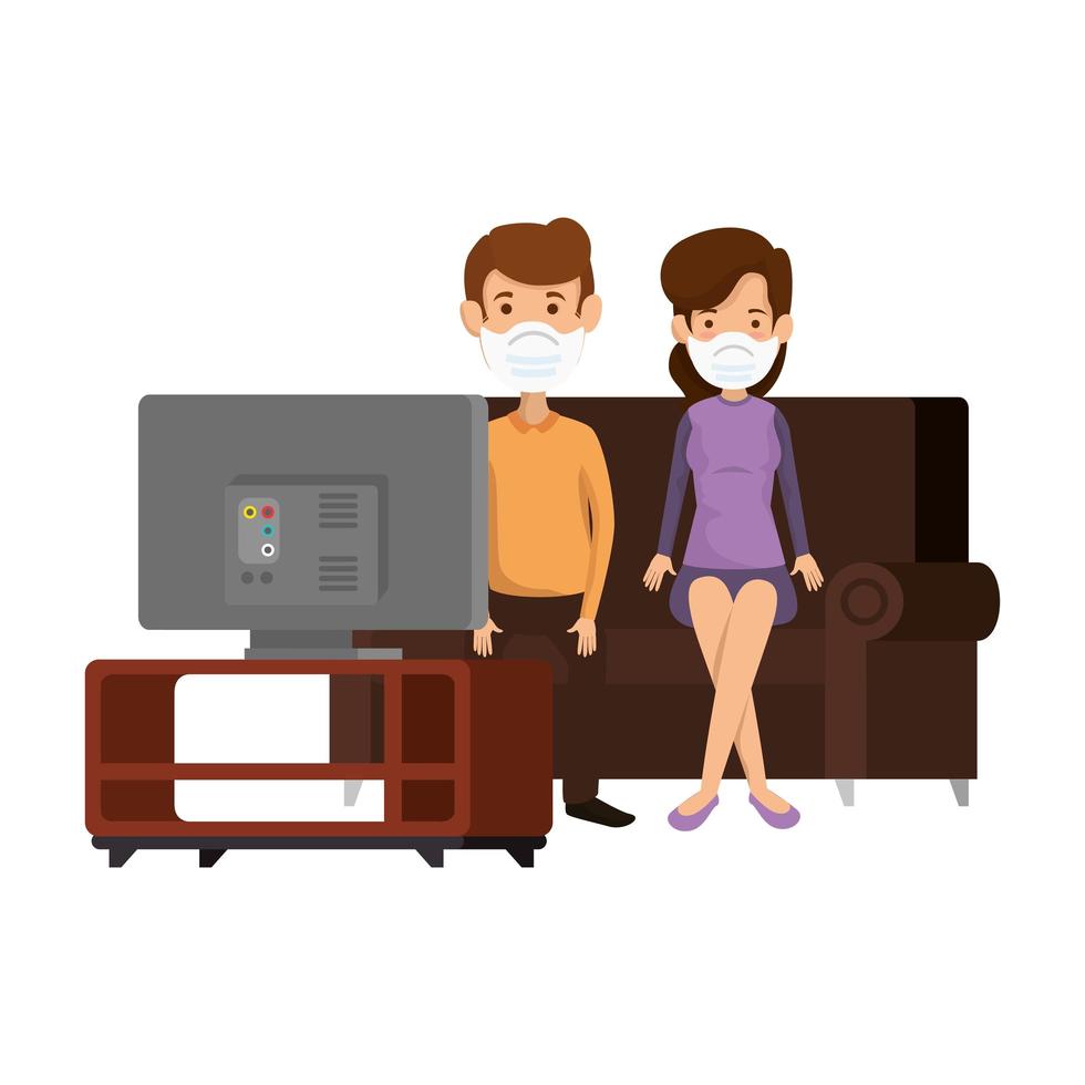young couple using face mask watching tv vector