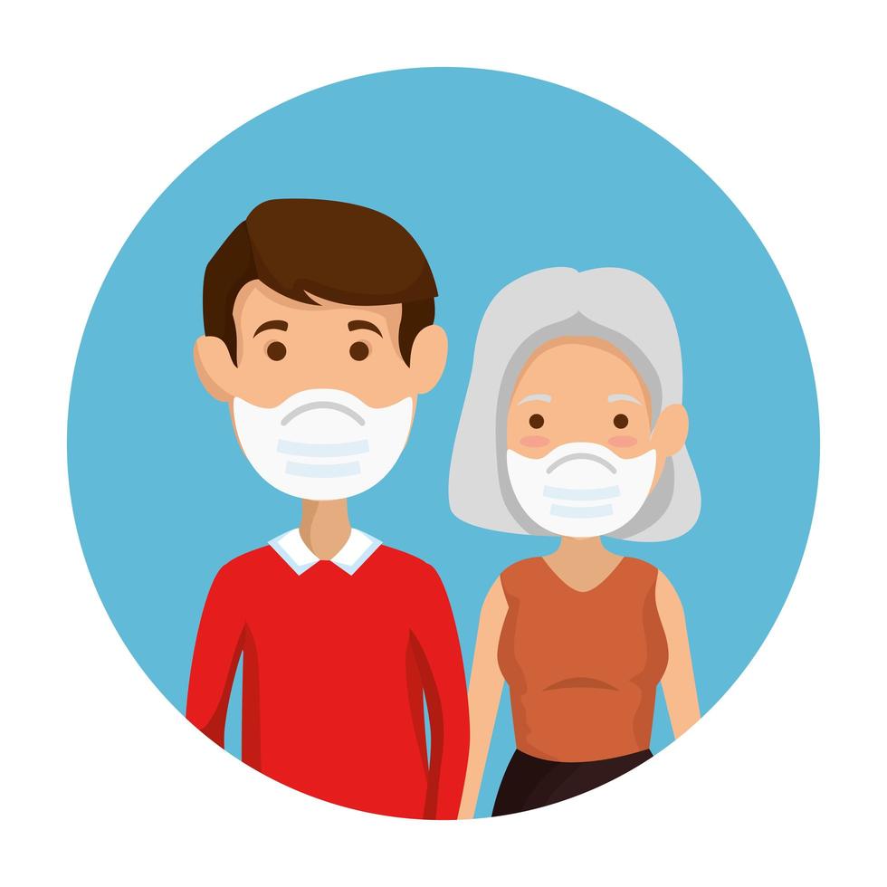 cute family members using face mask in frame circular vector