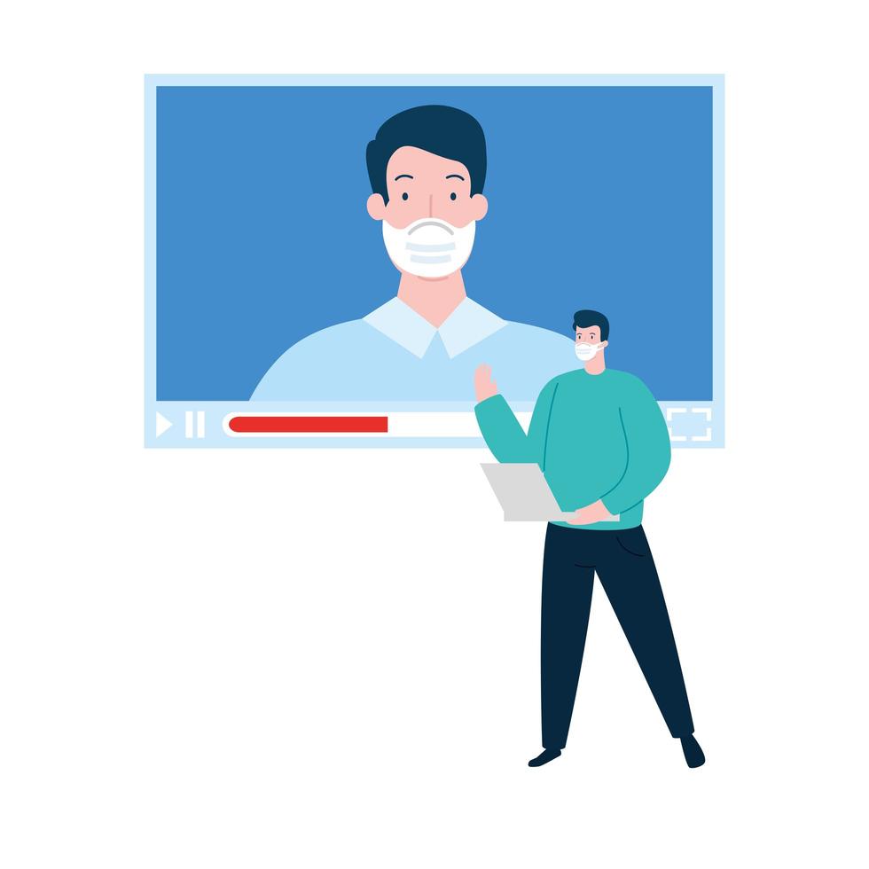 men using face mask in video conference vector