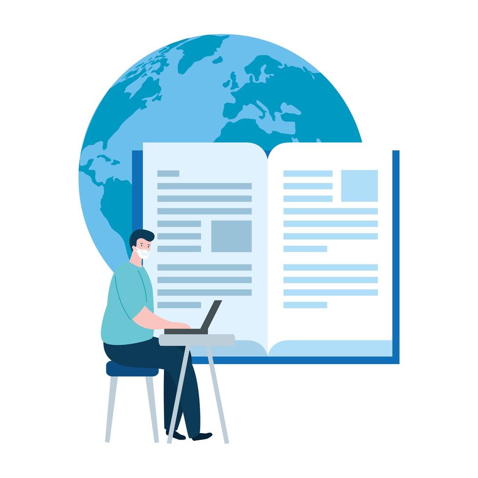man using face mask studying online vector