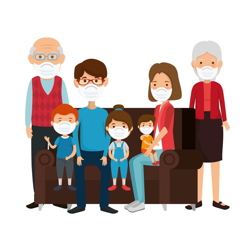 cute family using face mask with couch vector