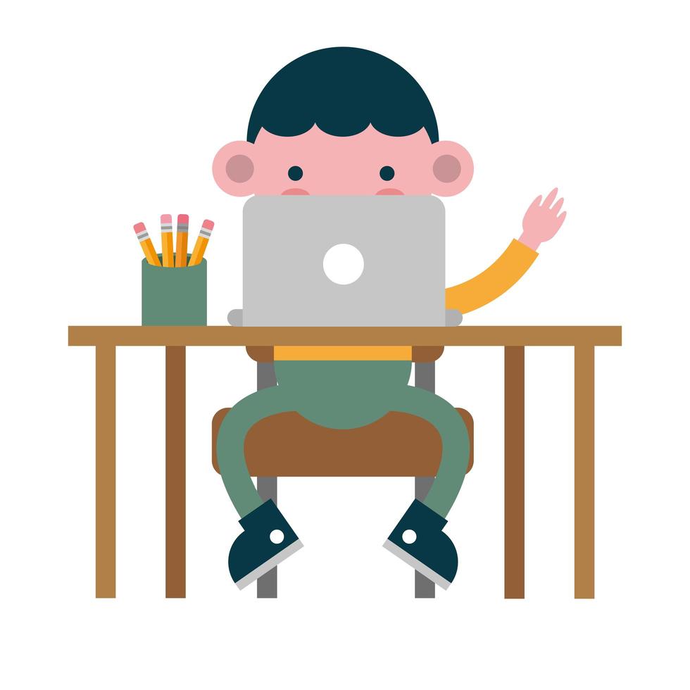 little student boy at desk using laptop vector