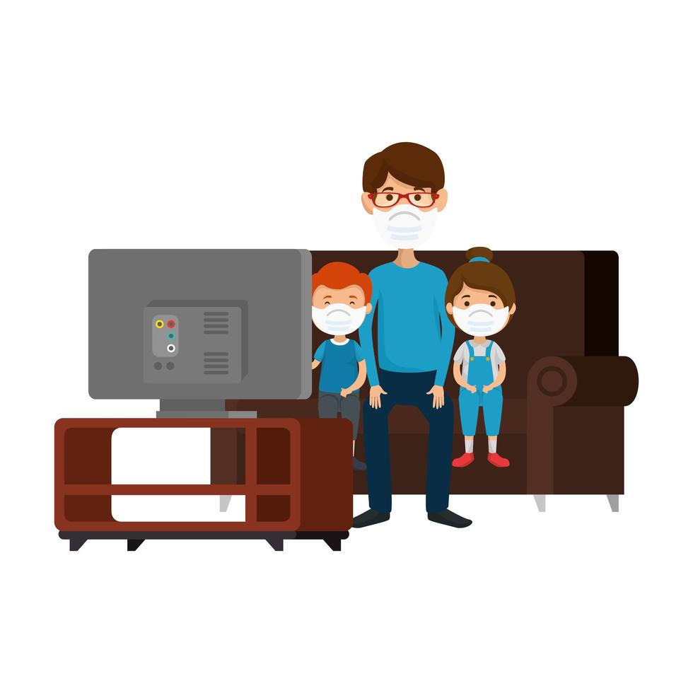 father with children using face mask sitting in couch watching tv vector