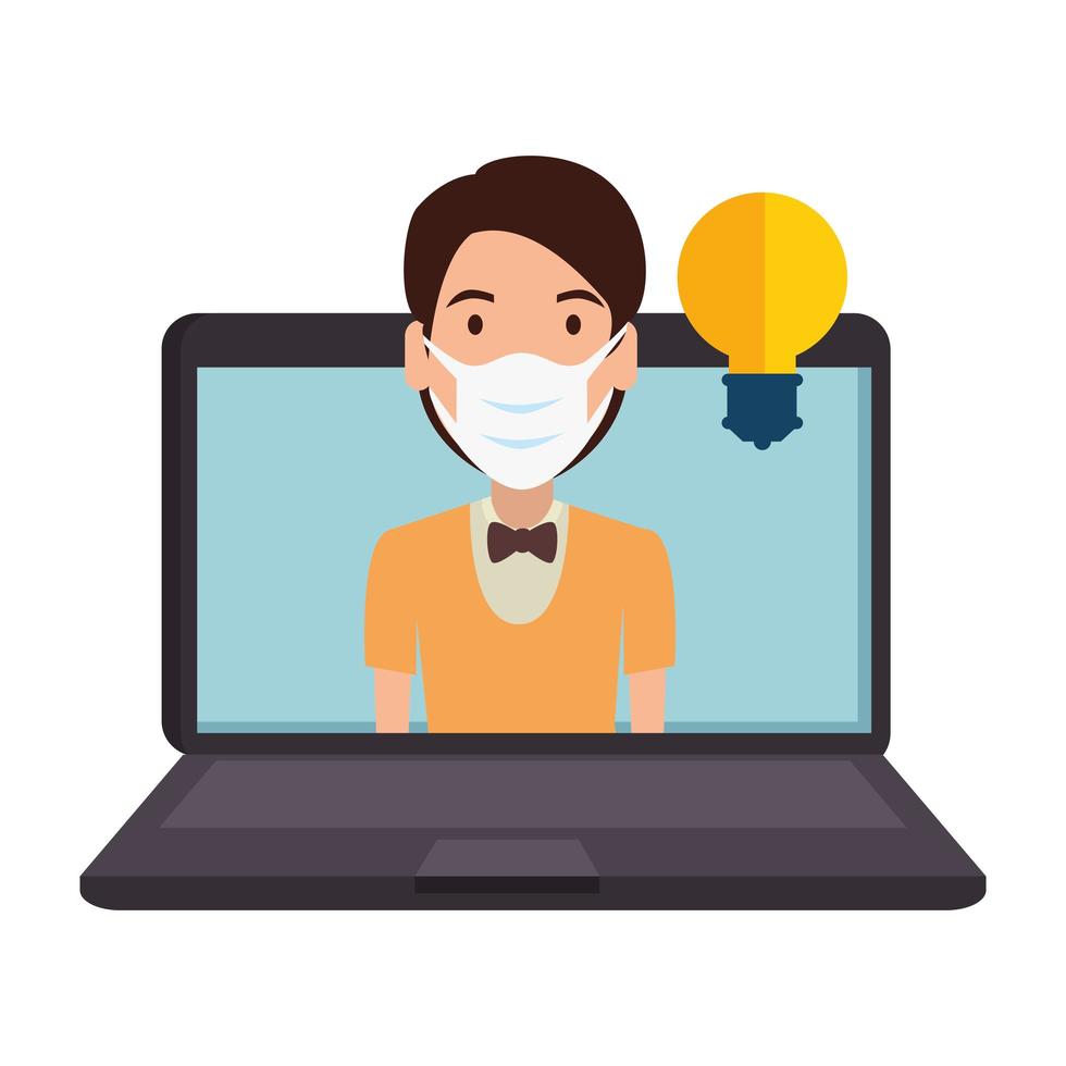 man using face mask in laptop isolated icon vector