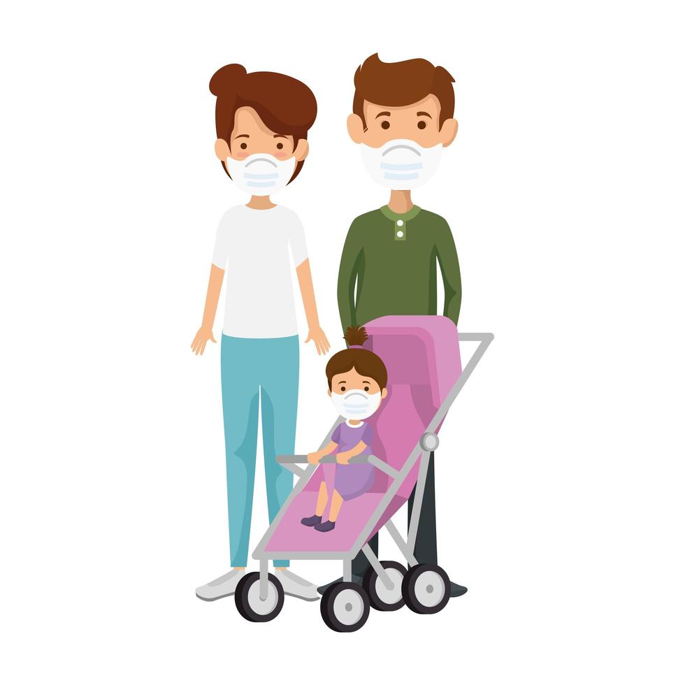 parents with daughter in baby cart using face mask vector