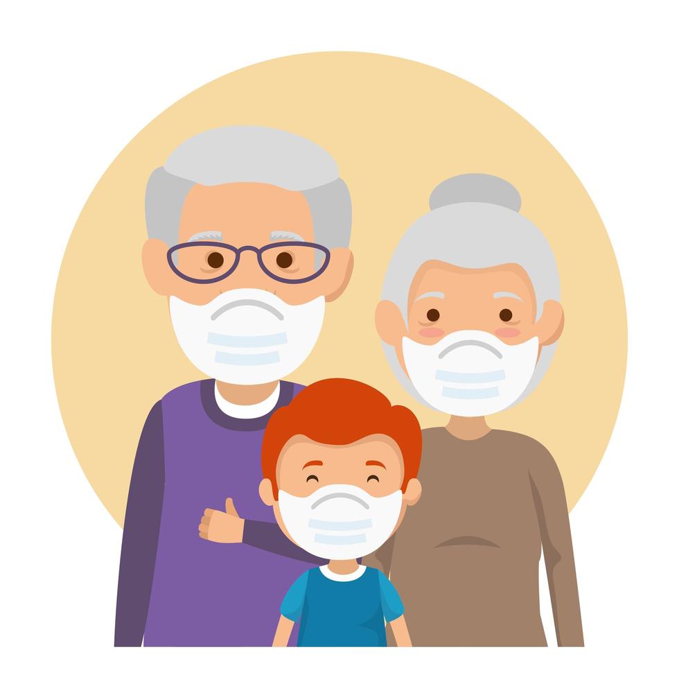 grandparents couple with grandchild using face mask vector