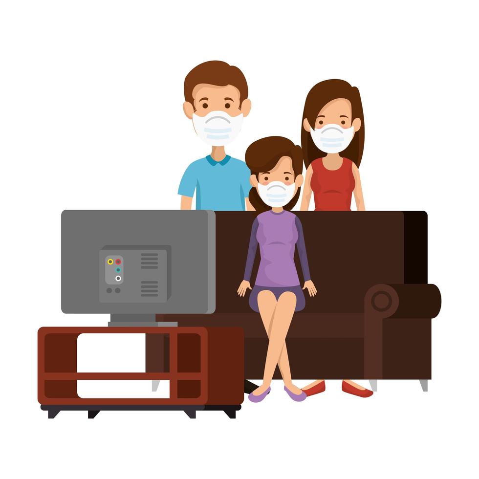 group people using face mask watching tv vector