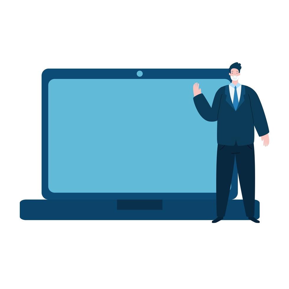 businessman using face mask with laptop isolated icon vector