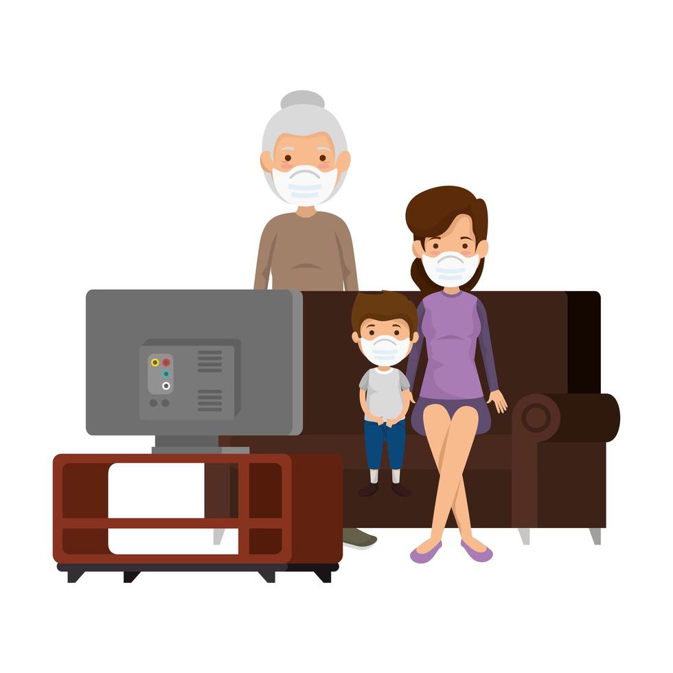 cute family members using face mask watching tv vector