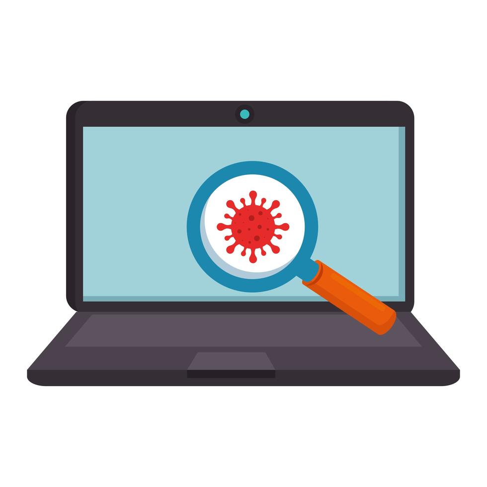 laptop with particle covid 19 in magnifying glass vector