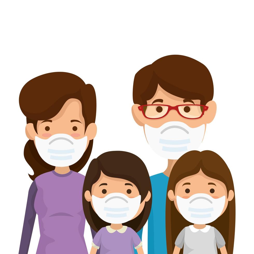 parents with daughters using face mask vector