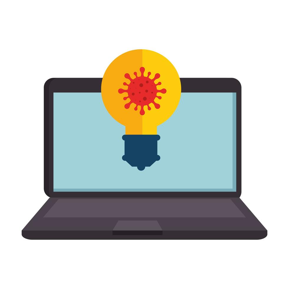 laptop with particle covid 19 in light bulb vector