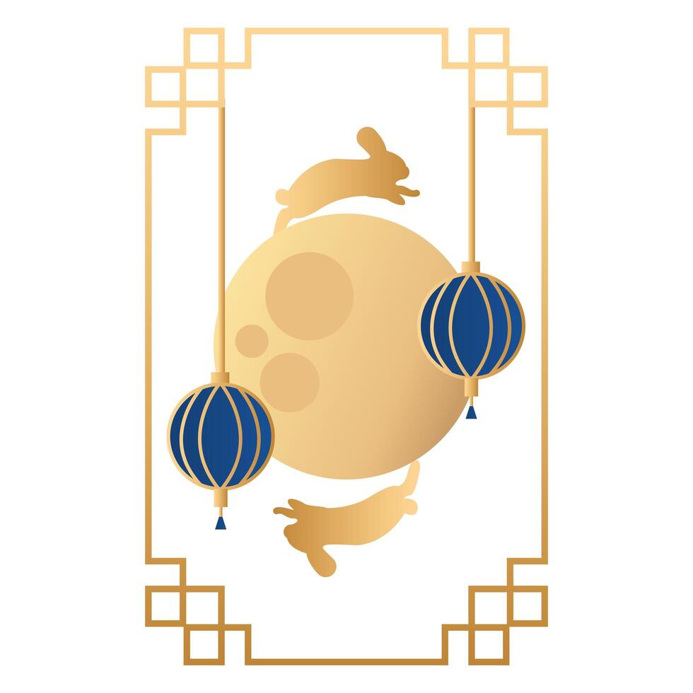 mid autumn festival moon with rabbits and lanterns hanging vector