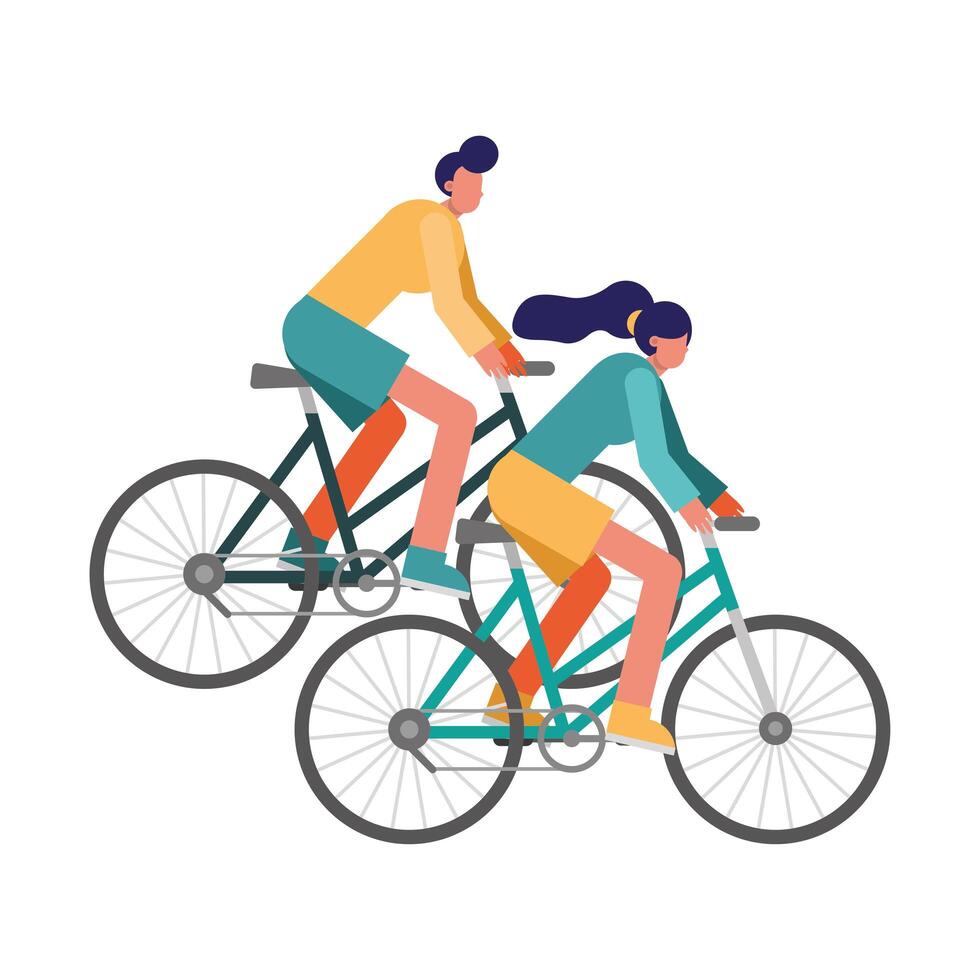 young couple riding bikes vector