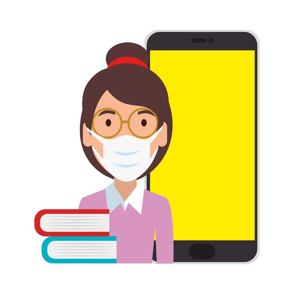 woman studying online with smartphone and books vector