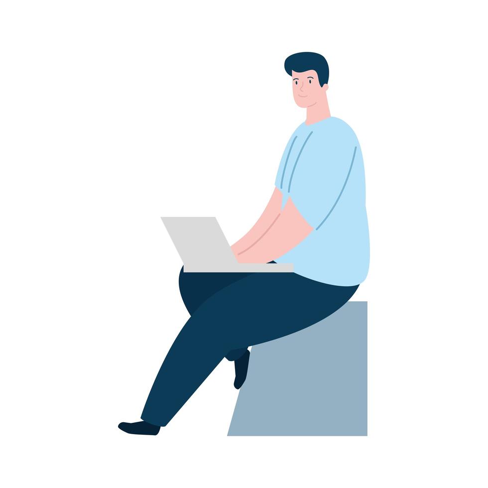 man using face mask with laptop isolated icon vector