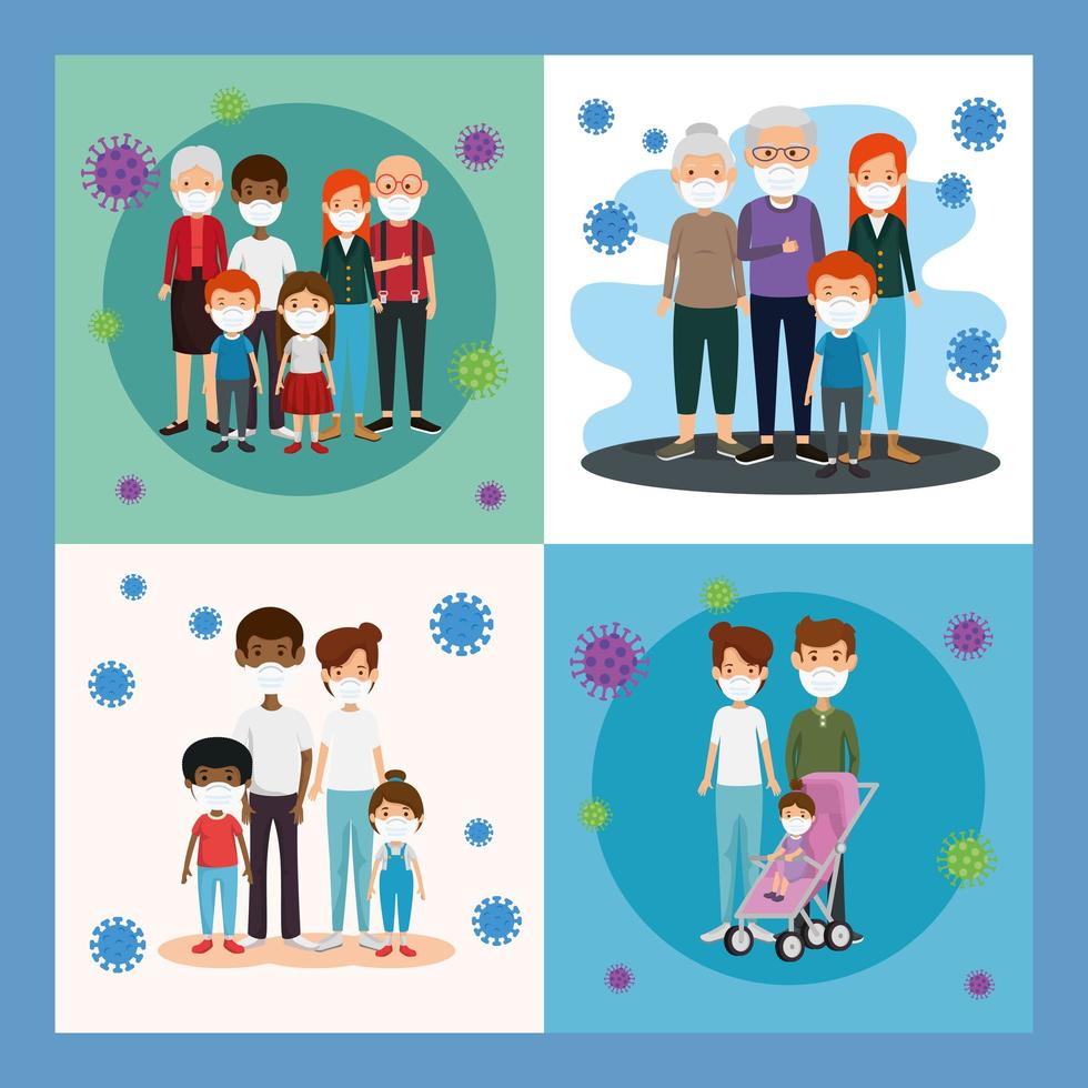 set scenes of families using face mask vector