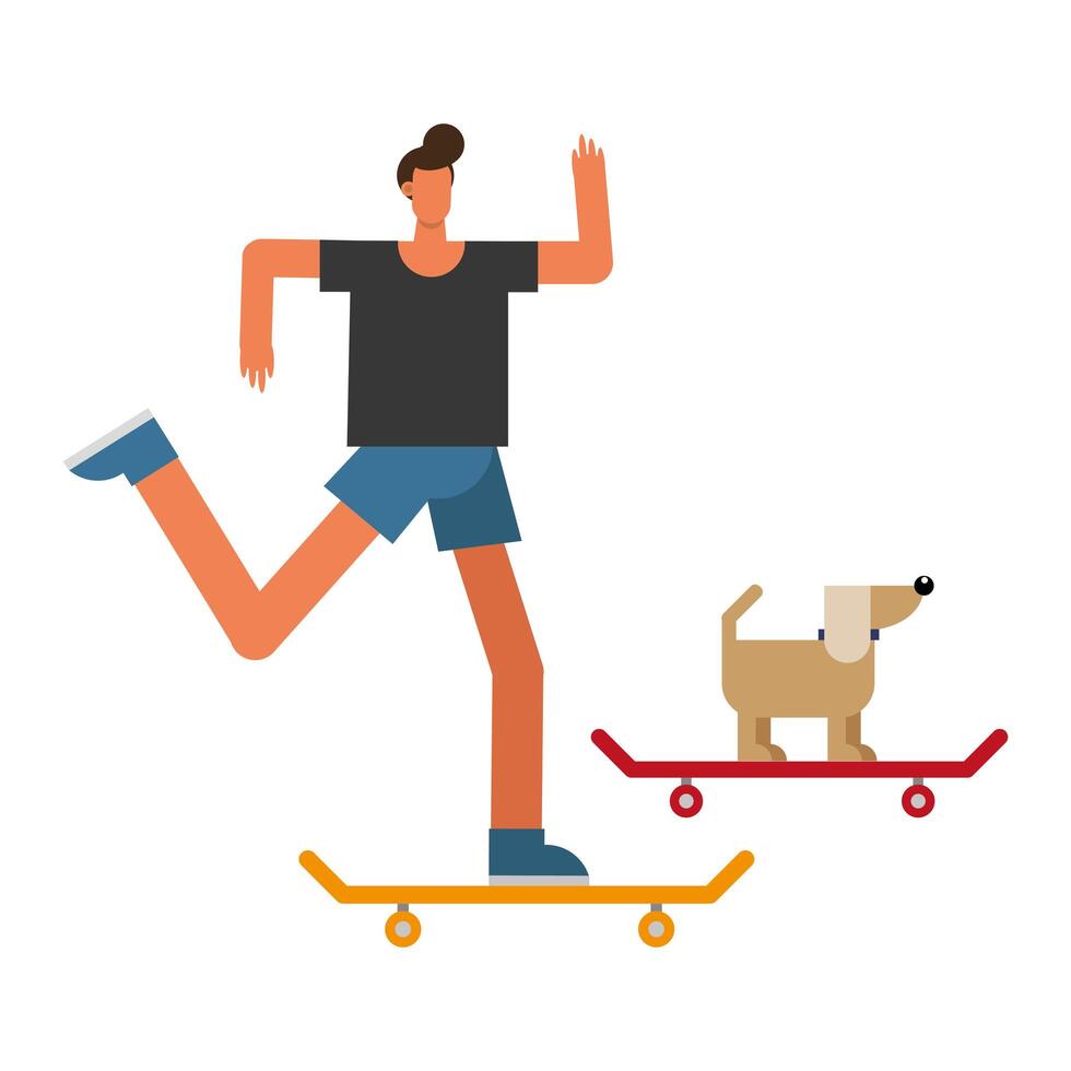 young man and dog on skateboards vector