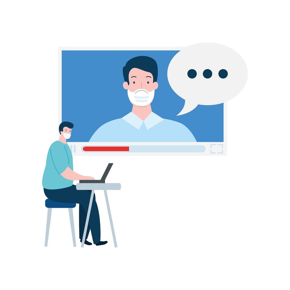 men using face mask in video conference vector