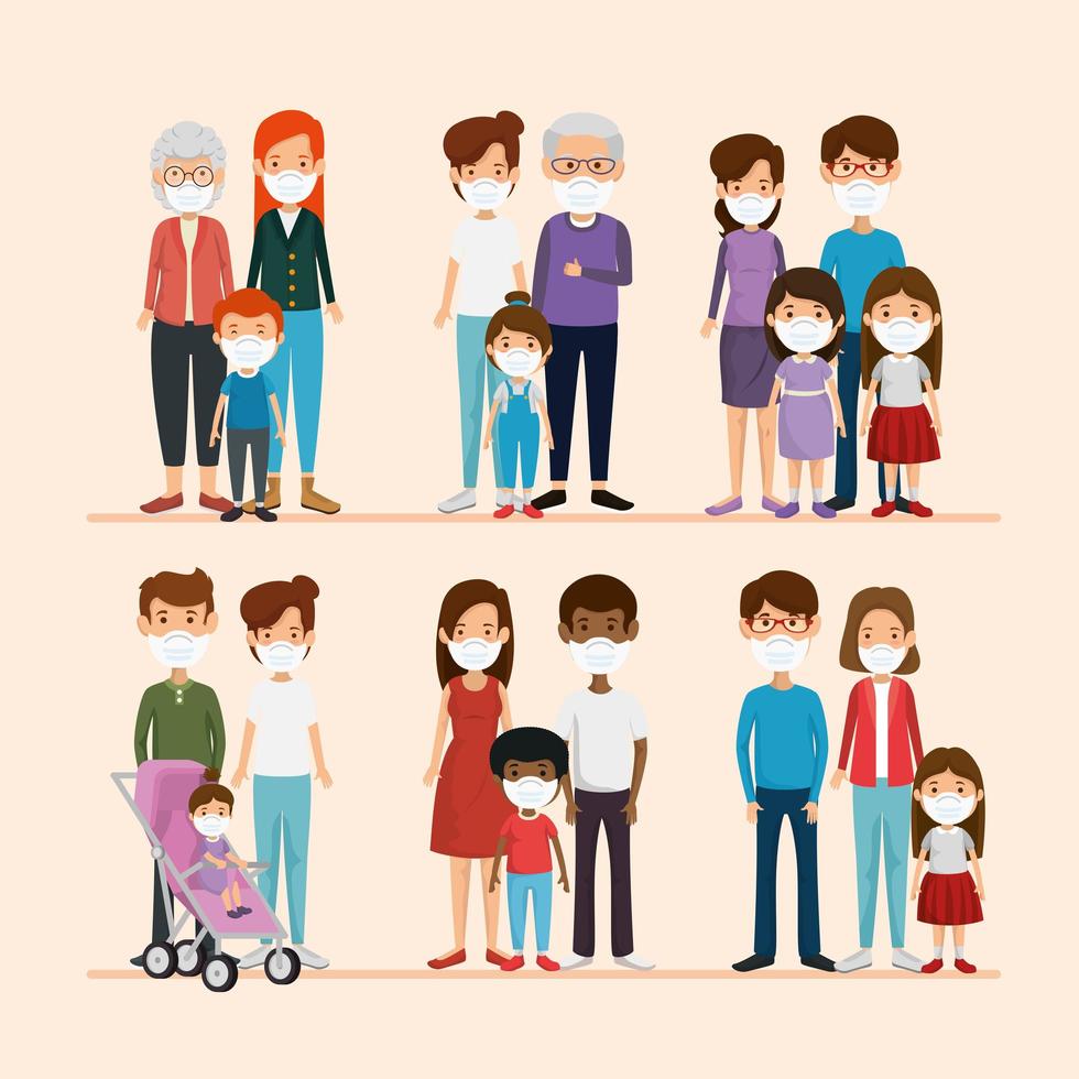 set scenes of families using face mask vector