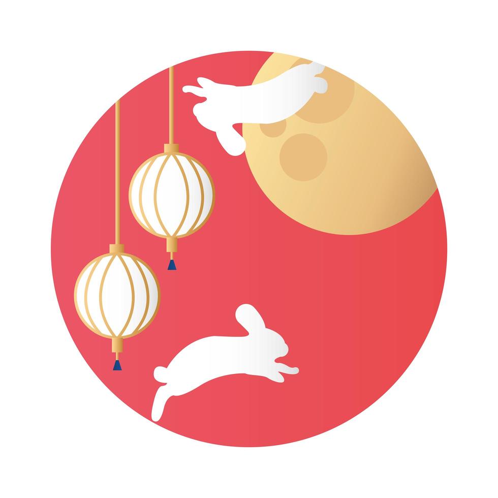 mid autumn festival moon with rabbits and lanterns hanging vector