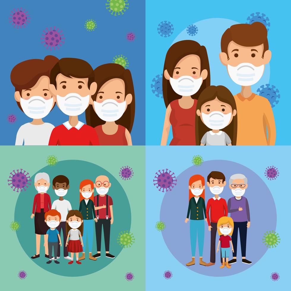 set scenes of families using face mask vector