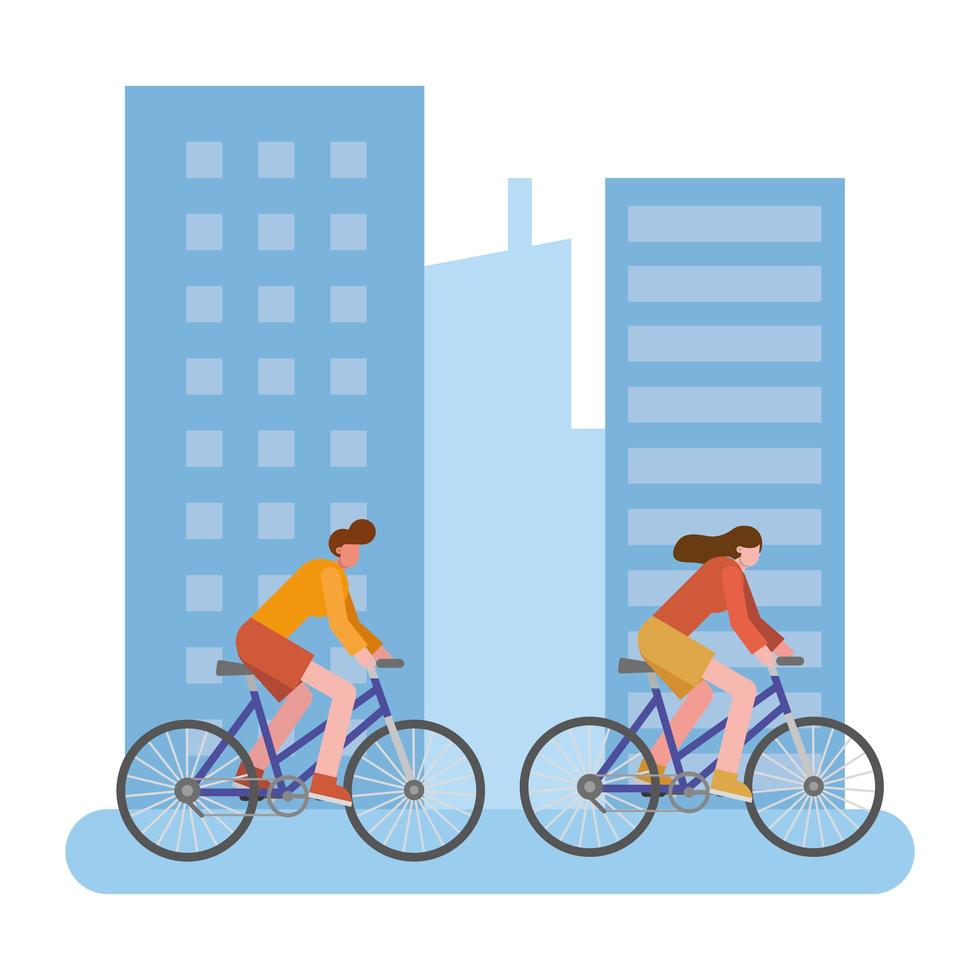 young couple riding bikes vector