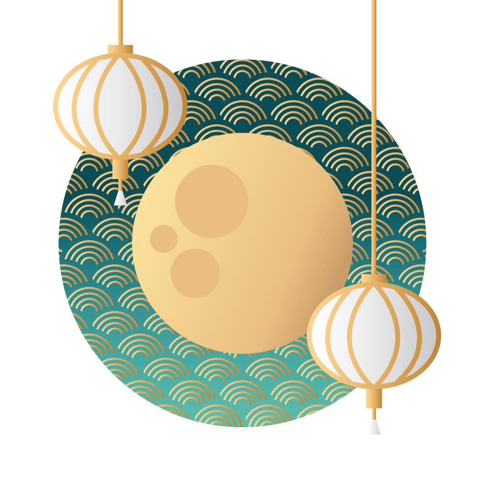 mid autumn festival moon and lanterns hanging vector