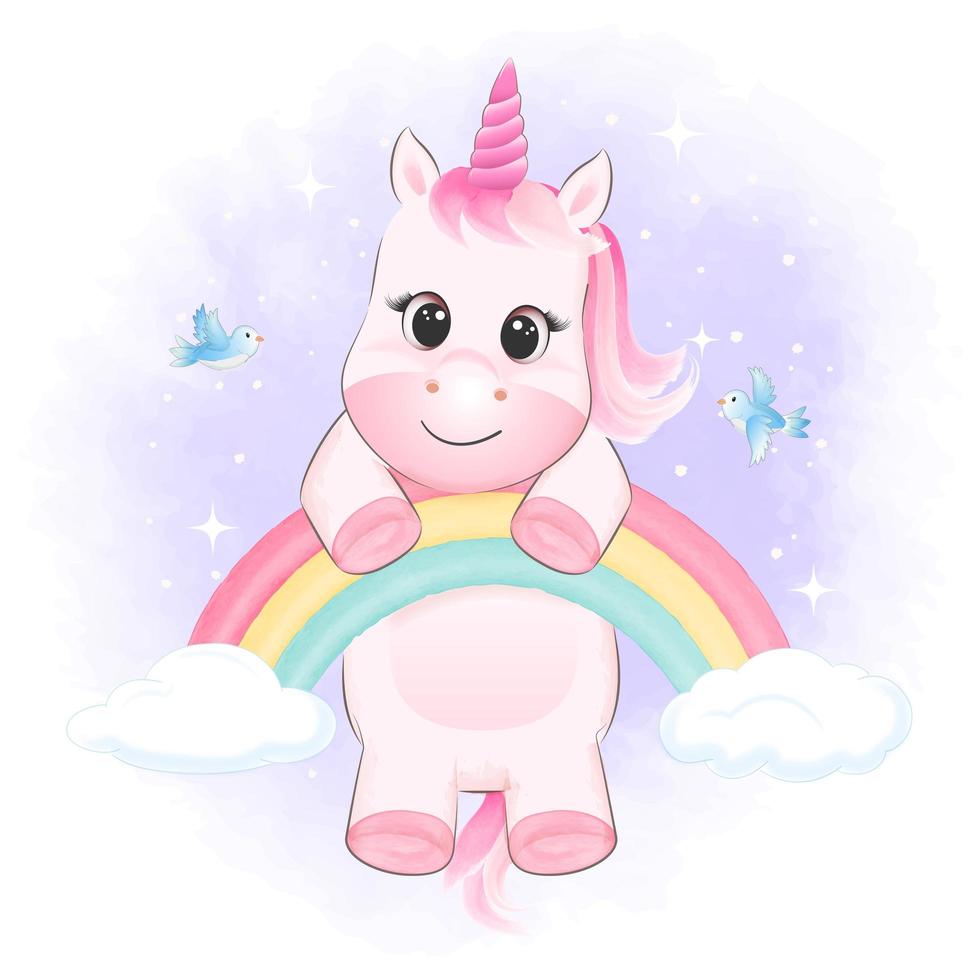 unicornio colgando del arcoiris vector