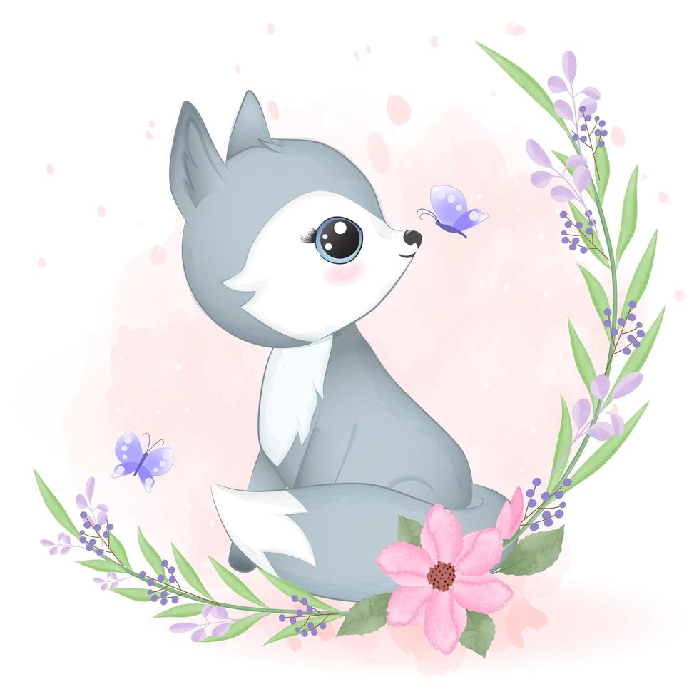 Little Fox and flora frame vector