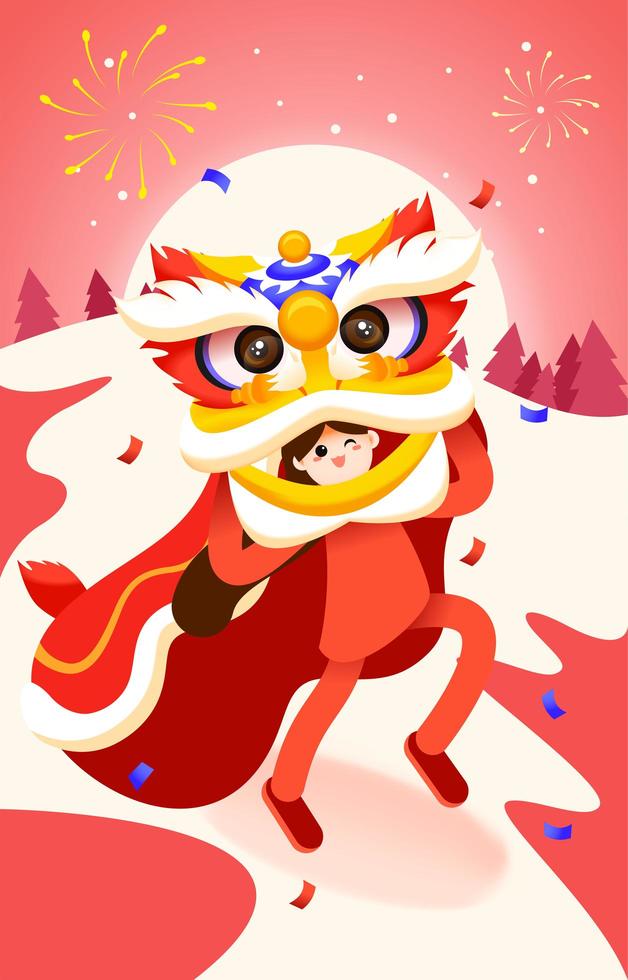 A Girl Playing The Lion Dance On Chinese New Year vector