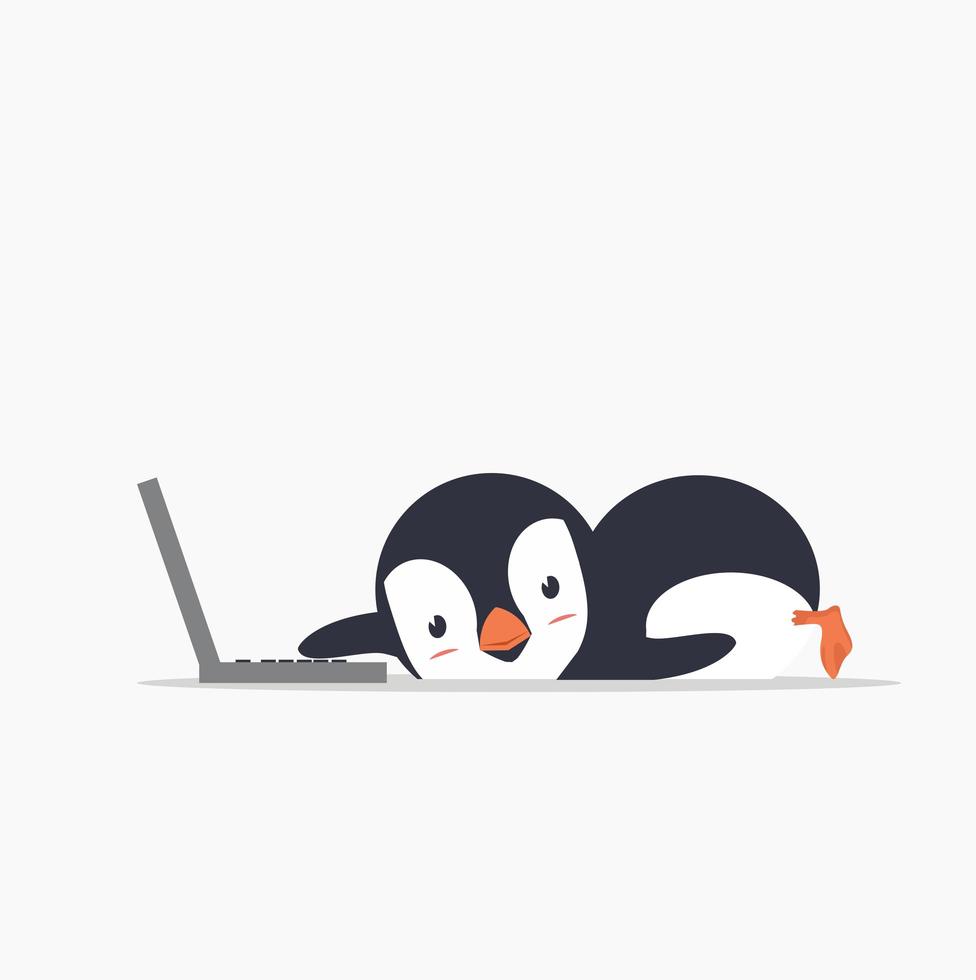 pingüino divertido con una computadora portátil vector