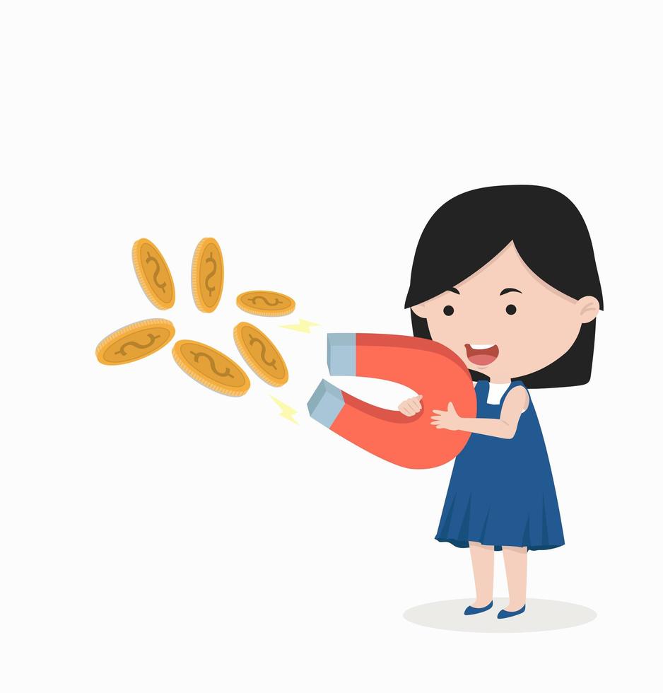 girl holding a magnet with coins vector