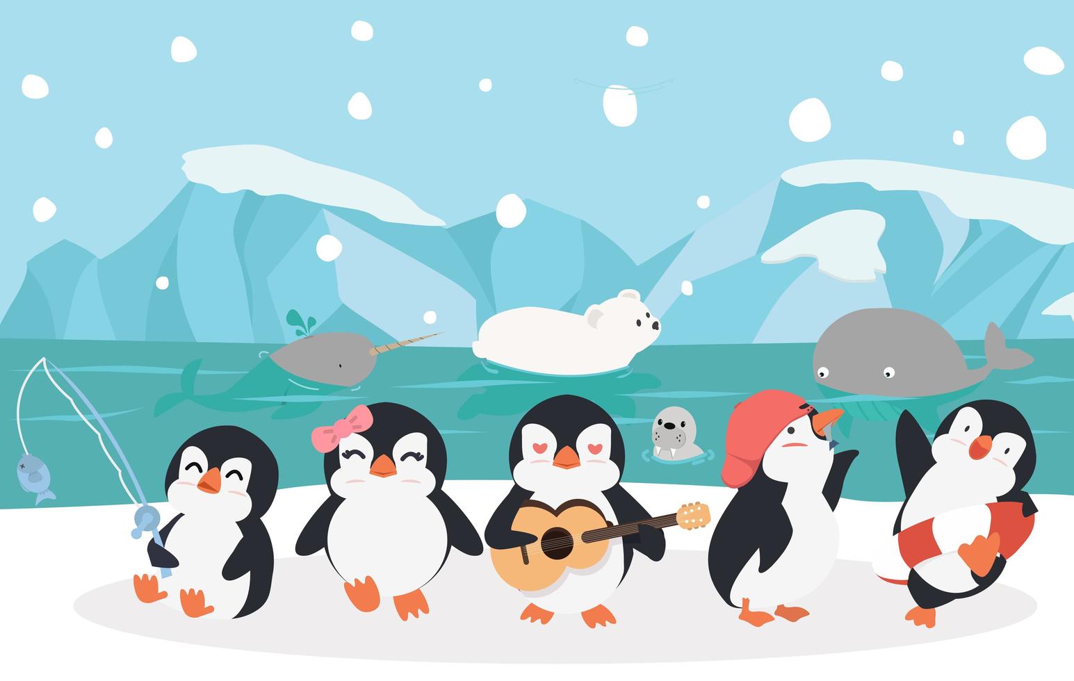 familia feliz de pingüinos al aire libre vector