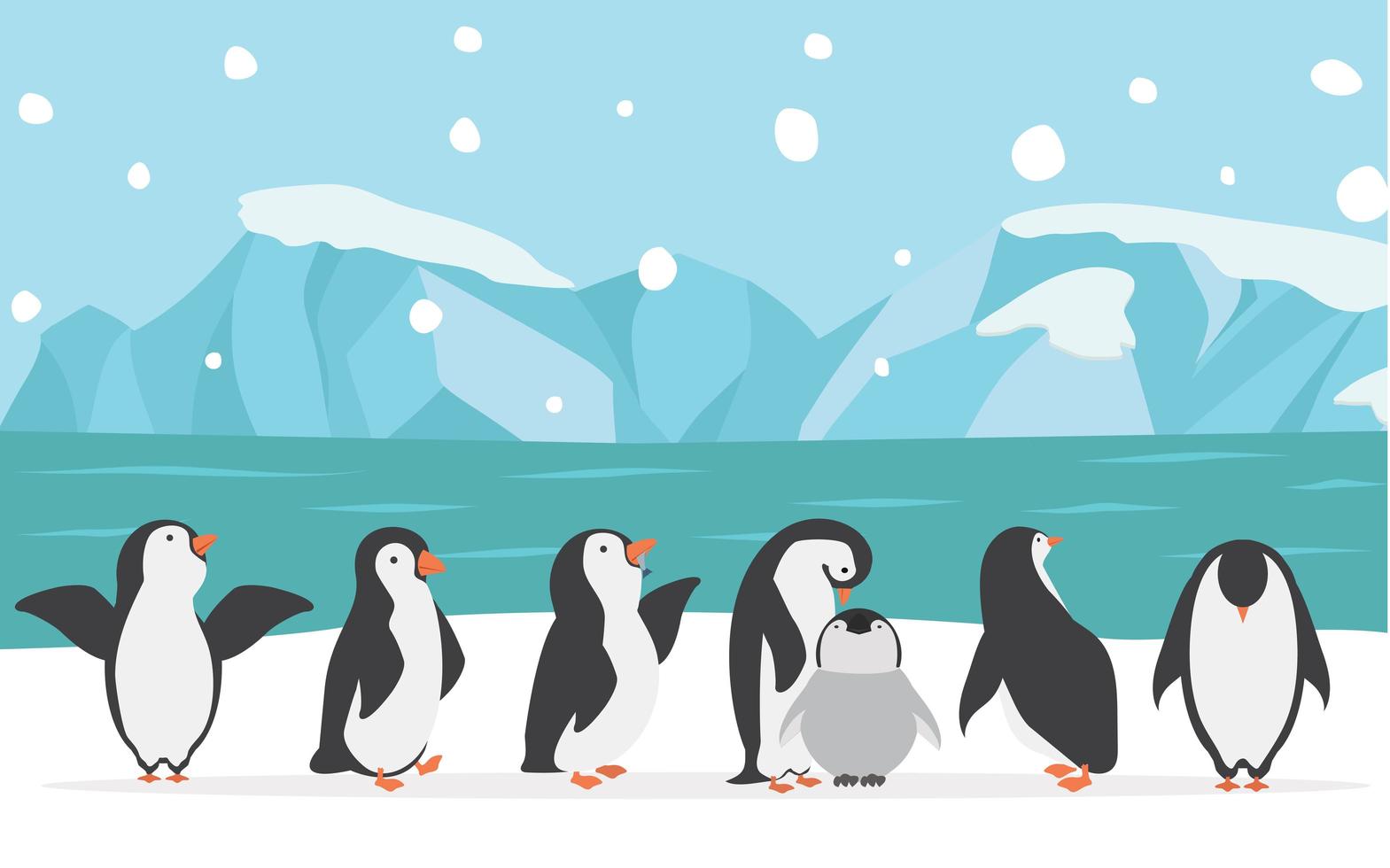 familia feliz de pingüinos al aire libre vector