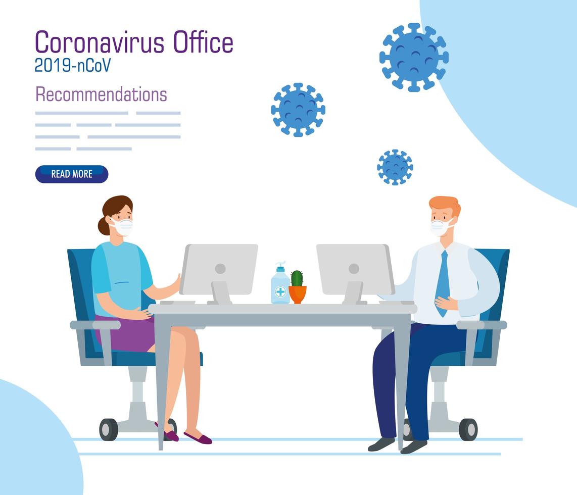 campaign of recommendations of 2019 ncov at office with business couple and icons vector