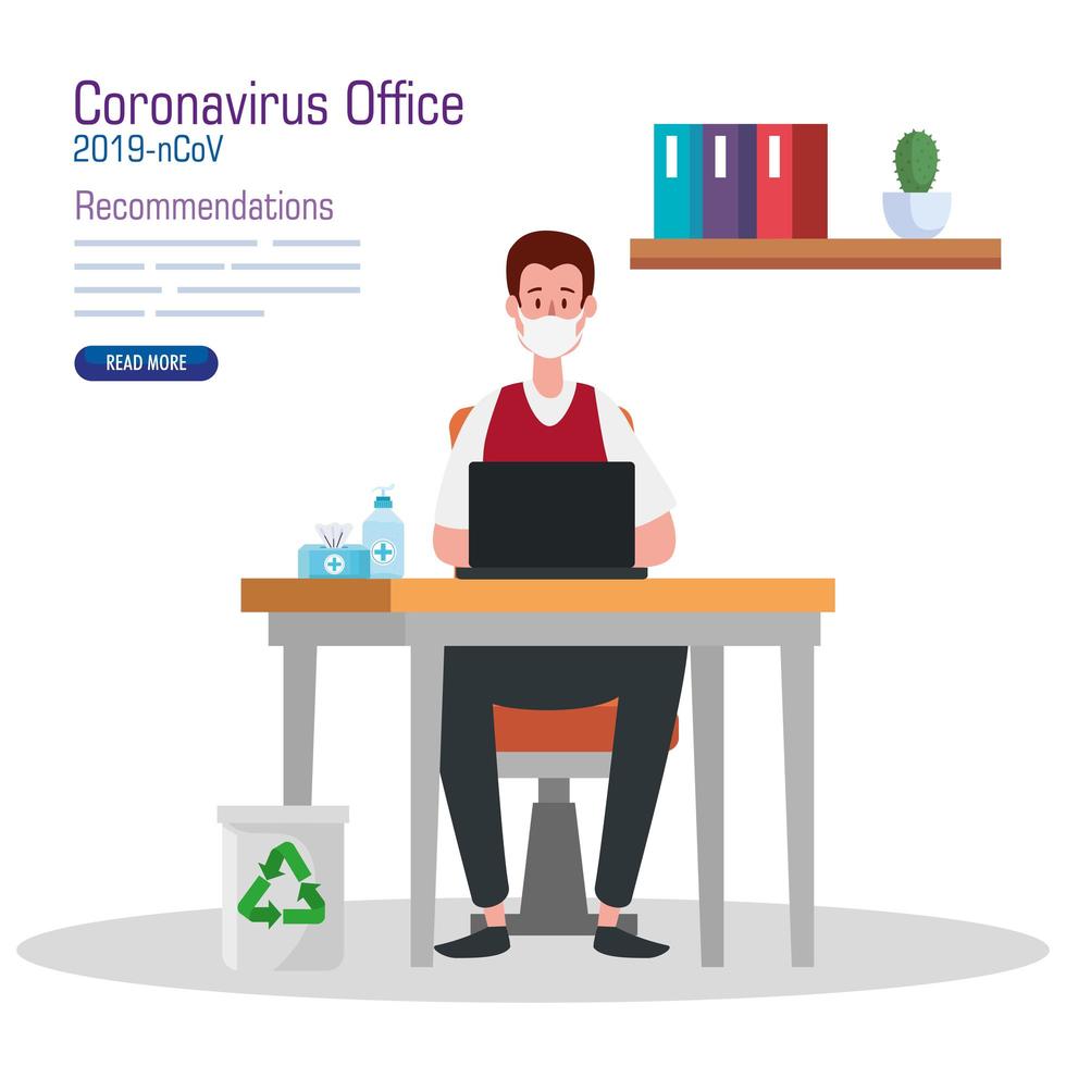 campaign of recommendations of 2019 ncov at office with businessman and icons vector