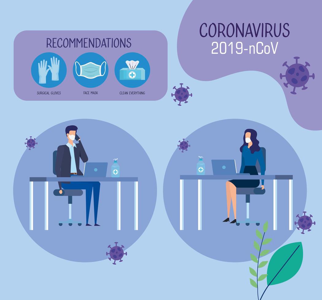 campaña de recomendaciones de 2019 ncov en oficina con pareja de negocios e íconos vector