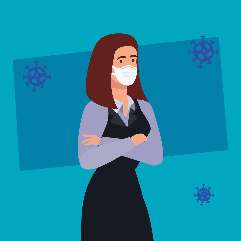 business woman using face mask with particles 2019 ncov vector